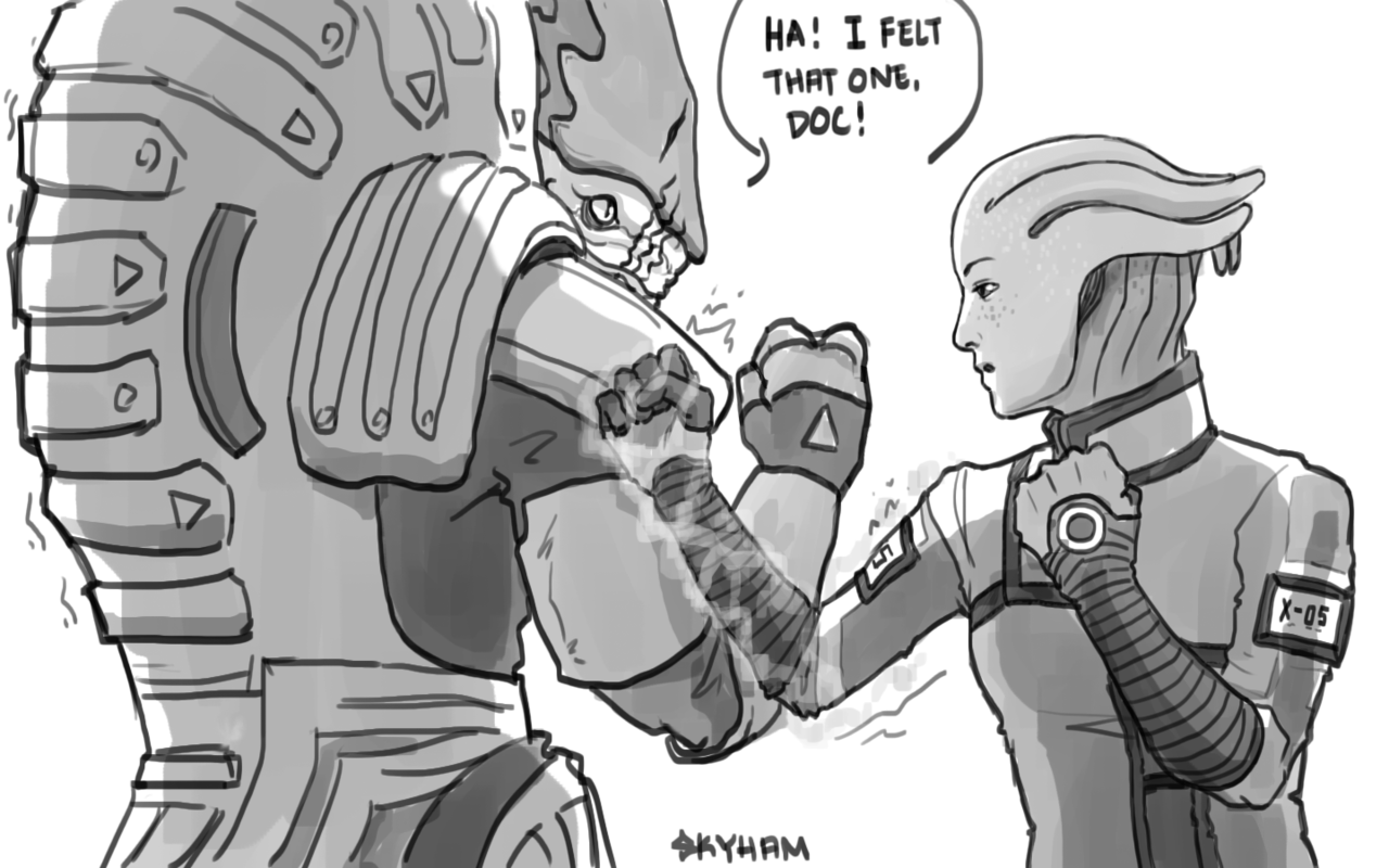 skyllianhamster: Combat sketching with Wrex and Liara, I love their relationship