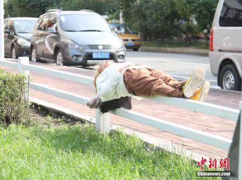 中国住み ‏@livein_china   黒龍江省ハルピン市　幅わずか5cmのガードレールでエクストリーム熟睡するおばちゃん　買 い物帰りな感じも高得点　　http://tech.ifeng.com