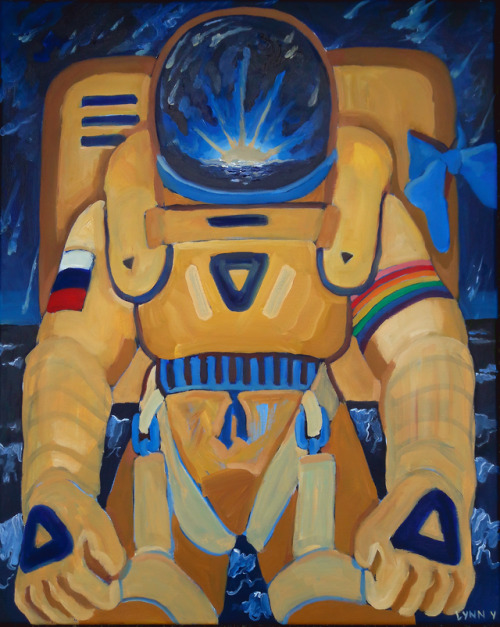 wiltkingart:star drop, 2019oil on canvas 16″ x 20″[ID: painting of an orange astronaut, with a blue 