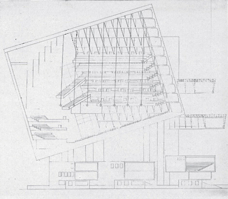 Rashel Smolenskaia, House of congresses (VKhUTEIN, 1929). Elevation. Studio of Nikolai Ladovskii.