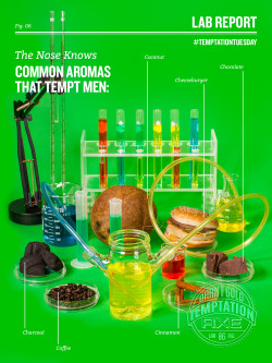 axetemptation:  The most common aromas that men find tempting are burgers, chocolate, charcoal, cinnamon, coffee, and coconut.   &hellip;..Did Axe just create a product for gay men? I mean that&rsquo;s cool if they did, just didn&rsquo;t see it coming.