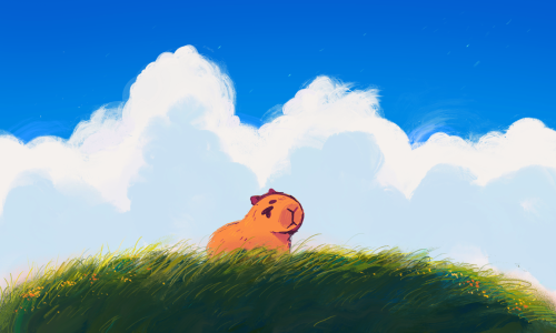 doorfus:scpkid:capybara [Image description: Idyllic art featuring a capybara standing on top of a gr