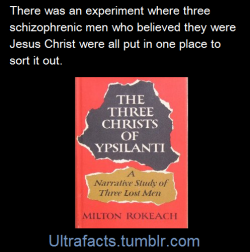 ultrafacts:To study the basis for delusional belief systems, Rokeach brought together three men who each claimed to be Jesus Christ and confronted them with one another’s conflicting claims, while  encouraging them to interact personally as a support