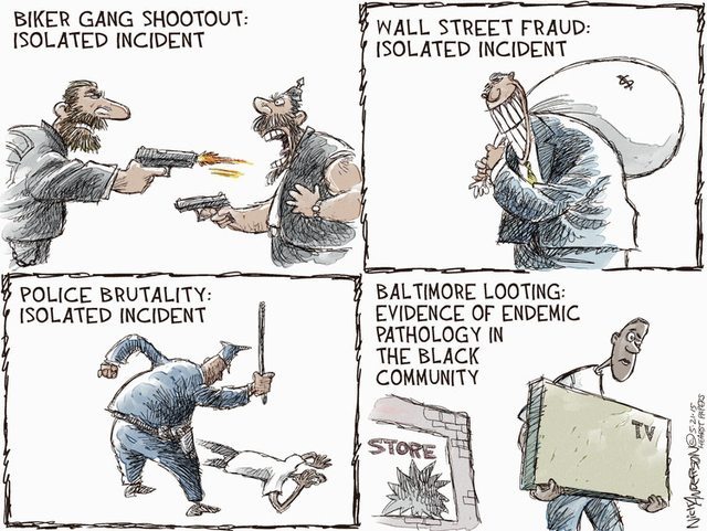 liberalsarecool:  azspot:  Nick Anderson  Media bias. Double standards. White violence