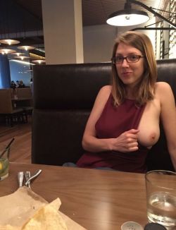 itskkiss:  carelessinpublic:  Showing her big boobs inside a restaurant  Your wife’s boss makes her show her loyalty and commitment to the firm regularly when they are out in public!😎