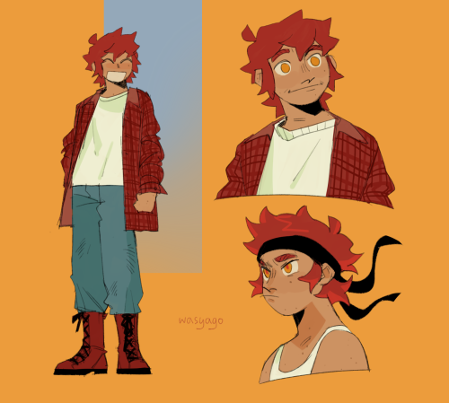 Three drawings of Dakota showing off his design. He's a teenager with tanned skin and spiky red hair that seem to have grown out from a shorter haircut and are now a little messy. He has amber eyes. He's wearing a white t-shirt, an oversized red flannel, blue jeans and red army boots. In one of the drawings he has a black band tied around his head and his hair are standing up and glowing slightly.