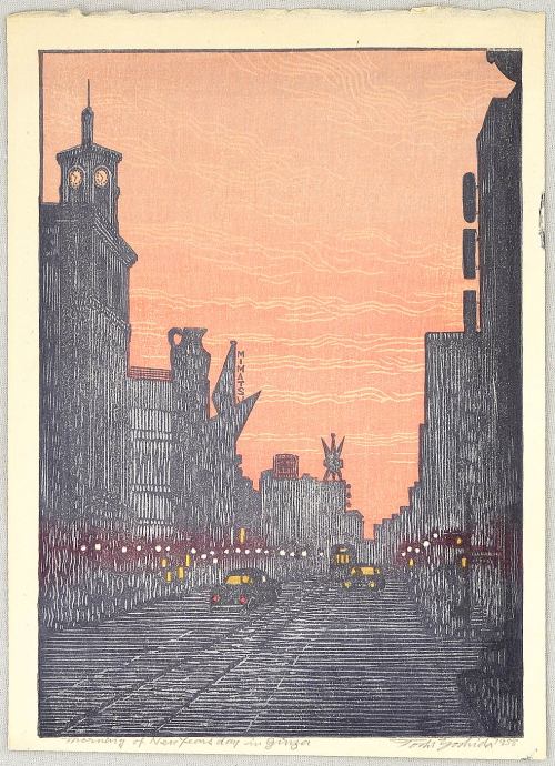 softpyramid:

Yoshida ToshiMorning of New Year’s Day in Ginza, 1958Color woodblock #this is nice #drawings#reblog