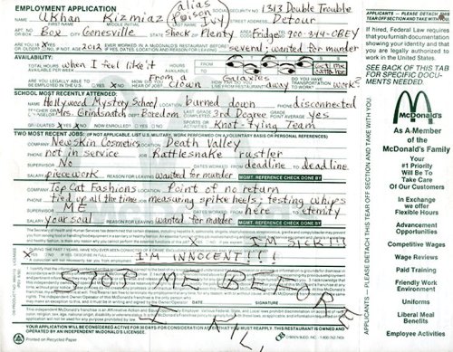 poisonivythecramps:Lux Interior and Poison Ivy’s McDonald’s application for Plazm magazine, 1995http