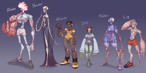 scikosis:  derekhetrickart:  Been working on my annual “draw a bunch of undead characters, I guess” kick. Touched up some older ones and made a couple new ones (〃・ω・〃)ノ~☆  Ayyy but Roberta tho Frankenstein monsters are important 