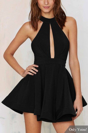 unescapable:  DRESSES!Black Halter Skater Dress   Black Lace-up Back Mini Dress