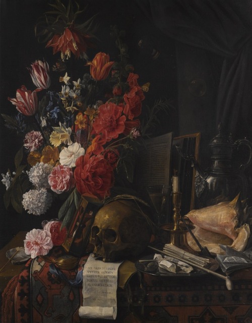 laclefdescoeurs:Vanitas Still Life with Flowers, a Skull, Hourglass, Conch Shell and Silver Jug on a
