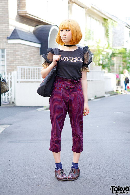 Alice in Harajuku w/ bob hairstyle, One Spo top, Rolick striped pants &amp; Ashinaga-Ojisan shoes.