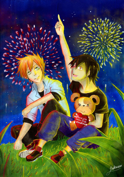 baka-rasu:  Commission: Colorful Fireworks by Bakarasu  An old illustration from 2012   This is an illustration for a chapter in a fanfic.The result is even better than I originally thought!   