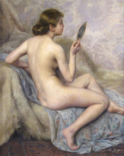 art-is-art-is-art:Nude Seated on a Shawl with a Looking Glass, Paul Sieffert