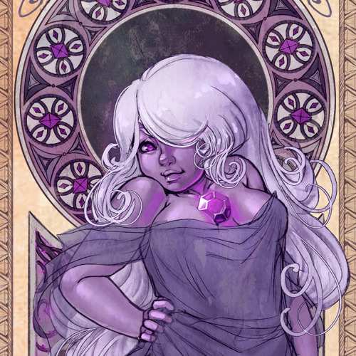 dreamerwhit:  Finished my Steven Universe piece!Inspired by Alphonse Mucha’s art nouveau style :)full view: http://fav.me/d9tkfmi 