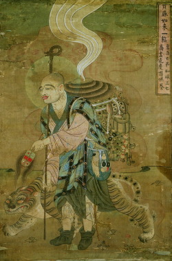 magictransistor:   The Buddhist Monk Xuanzang, Tripitaka Master of Great Tang Dynasty, Traveling with a Tiger. Mogao Caves, Dunhuang. 800s. 