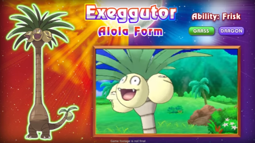 shelgon:    The latest trailer for Pokémon Sun & Moon has been released by The Pokémon Company. This trailer reveals a lot of new Pokémon and features in the game. First they reveal Alola Forms. These are new variations of classic Pokémon. Exeggutor