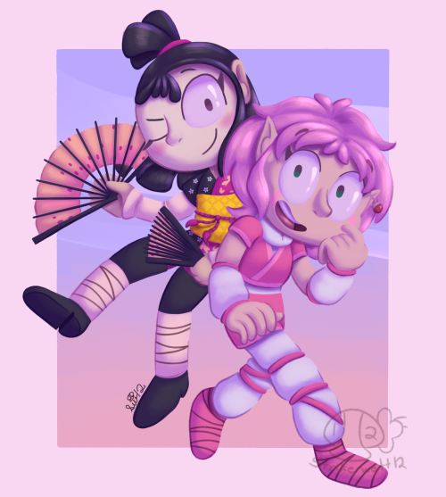 A lineless drawing of Yumi Ishiyama and Aelita Schaeffer/Hopper in their Lyoko outfits from seasons 1 to 3. They're both looking at the audience. Yumi is winking with a smile on her face and she's holding her tessens. Aelita is also smiling and has her left index finger near her face. The background behind them is a square that is a light blue and pink gradient with a white wave at the top. The background behind the square is light pink.