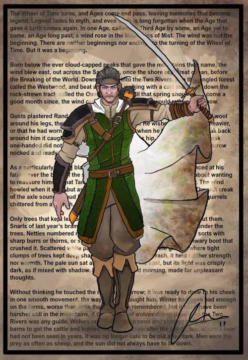 wot-tidbits:Rand al’Thor, Thom Merilin, Lan Mandragoran, Aviendha and Nynaeve by Jim Tuohy