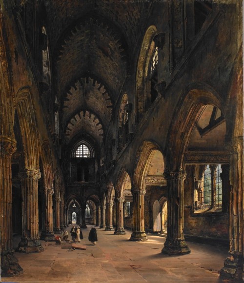 laclefdescoeurs:Interior of Rosslyn Chapel, 1824, Louis-Jacques Mandé Daguerre