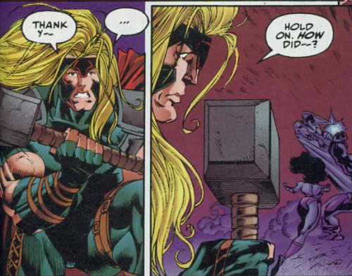 pr1ncessprivilege: Wonder Woman casually hands Mjolnir to Thor