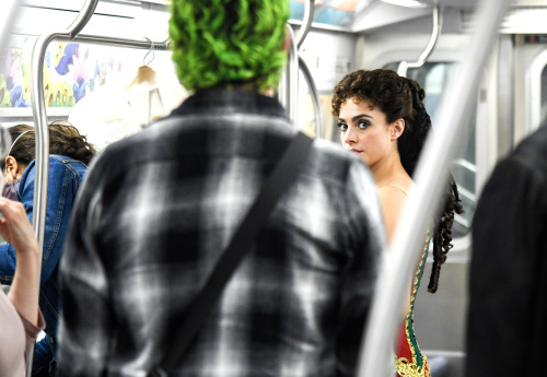 Paul Schaefer and Julia Udine behind the scenes for the MTA subway photoshoot.