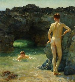 ladnkilt:  Tuke, Henry Scott, “The Green Waterways”, 1926. Oil On Canvas. I Have Posted Other Works By Tuke. He Is Both An Interesting Artist, And Person, Interesting Personal Life. One Interesting Fact Is In All His Many Paintings Of Nude Male Youths,