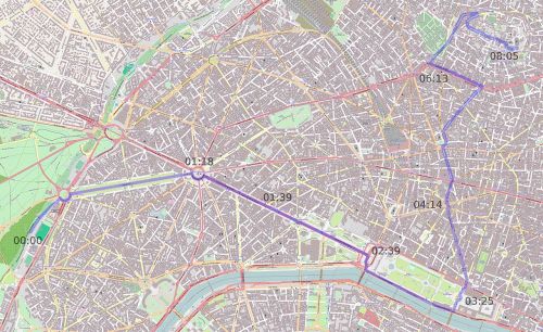 Just an eight minute drive through Paris. C'était un rendezvous. More info: https://en.wikipedia.org