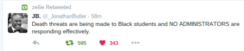 majiinboo:  lyonnnss:  zendayasauntiewig:  pls spread this and pray for the black students of mizzou tonight  WOW thats crazy.  So you acknowledge that your black students fear for their safety, but you’re giving out an exam to potentially have them