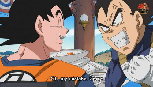 duvete:    yum!  VEGETA’S FACE.   I don’t think Goku’s very sorry.  OMG VEGETA WAOUHAGUAUh;dsuaga;uhga;uga DYING.               