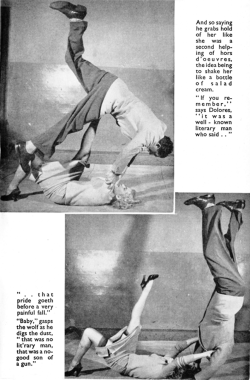 Dolores Marlins demonstrating the fine art of self-defence in stockings. From Span, October 1955.