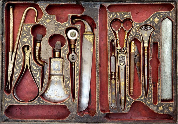 ghastlygrimgruesome:  Surgical tools decorated w/gold overlay. Iran, 19th century.