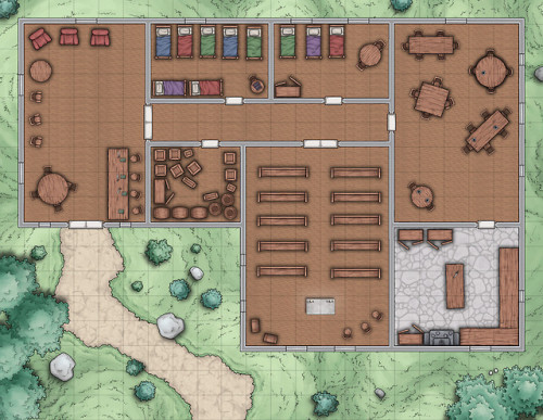 dnd-maps-n-stuff:  Map of a Temple I made using assets made by @venatusmaps. Here’s a link to their Patreon. Rooms:Foyer where visitors are received. Sleeping quarters for priests.Sleeping quarters for high priests.Common room.Storage room.Chapel.Kitchen.