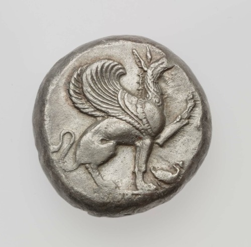 ancientanimalart:Stater of Teos with griffinGreek (Ionia)Archaic Period520–500 BCE“A griffin seated 