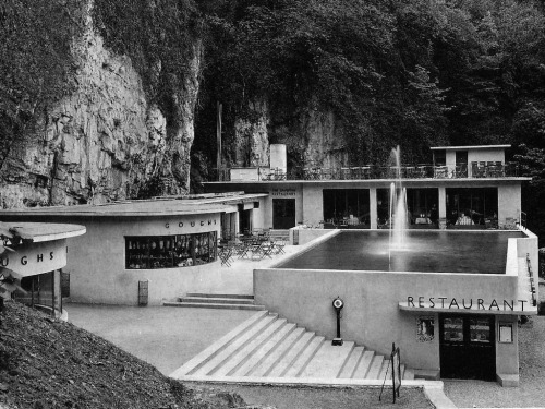 modernism-in-metroland: Caveman Restaurant, Cheddar Gorge (1936) by Geoffrey Jellicoe. Architect and