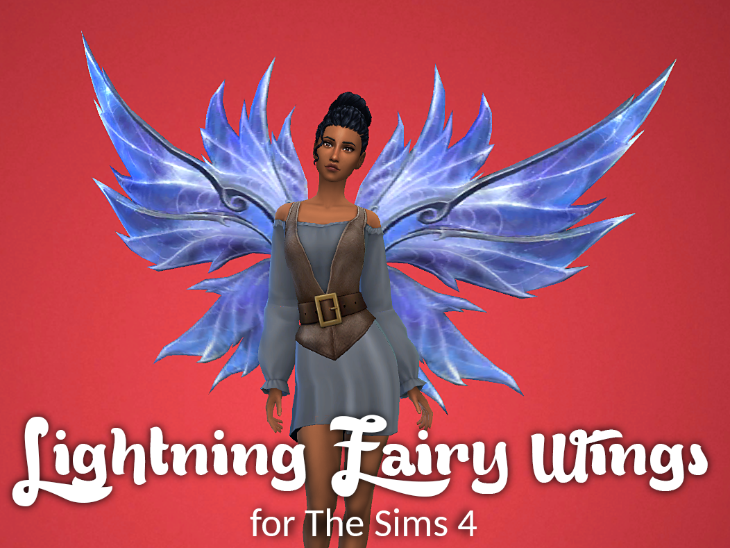 A sim wearing lightning based blue fairy wings made by wishelsims for sims 4