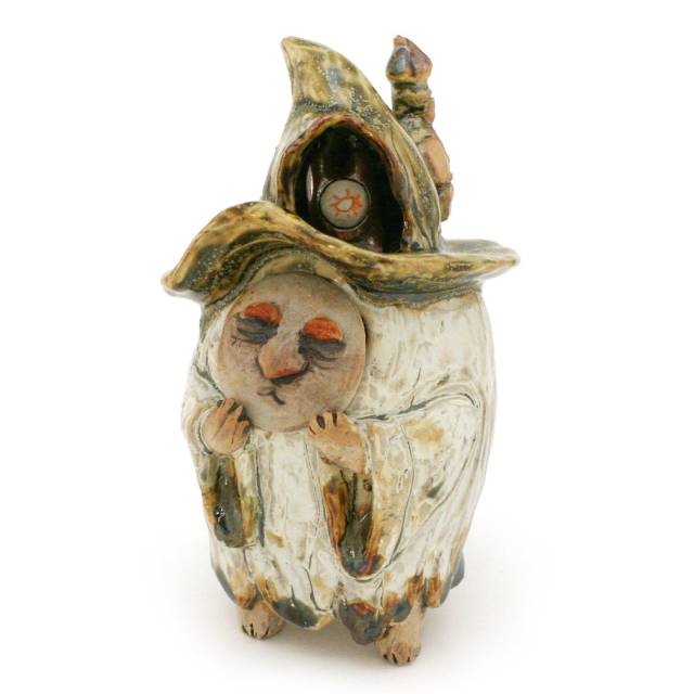 Wizard-like clay creature with a tinier creature in its hat