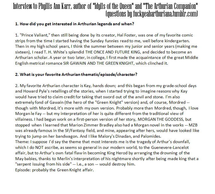 E-mail Interview to PHYLLIS ANN KARR, author of the arthurian novels Idylls of the Queen and The Fol