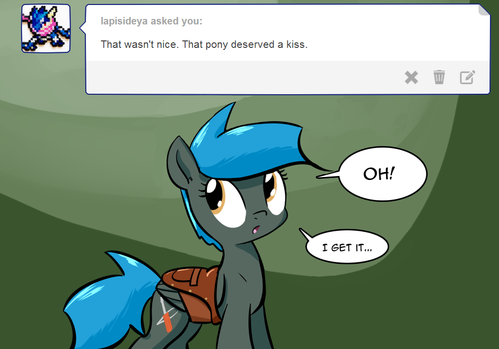 ask-jade-shine:  I don’t know why anypony would want to kiss me, but tradition