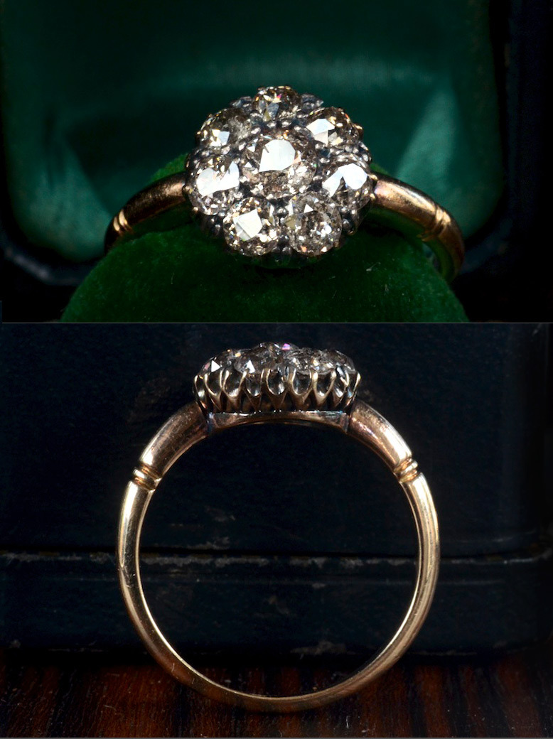 eriebasin:  Late 19th Century English European Cut Diamond Cluster Ring18K Gold and