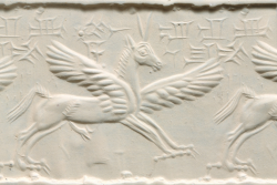 archaicwonder:  Assyrian Chalcedony Cylinder Seal, North Mesopotamia, Middle Assyrian,  14th-13th Century BC With a horned, winged horse that has feet like a bird of prey complete with  claws and talons. 