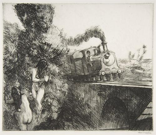 nobrashfestivity:Edward Hopper, Train and Bathers, 1920more