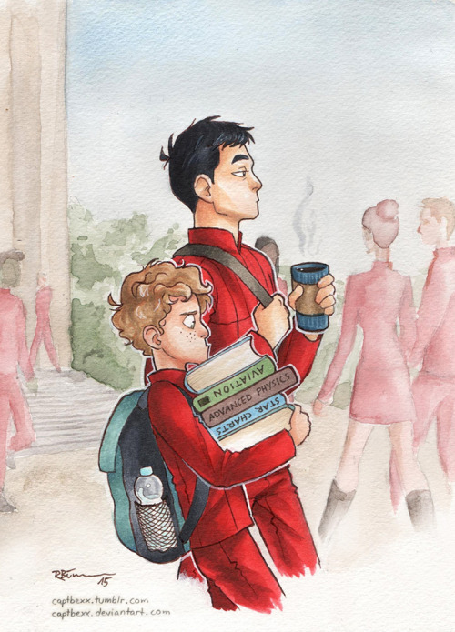 captbexx:Sulu and Chekov in Starfleet Academy ^-^Yeah, Chekov has books. He’s old-school! XD