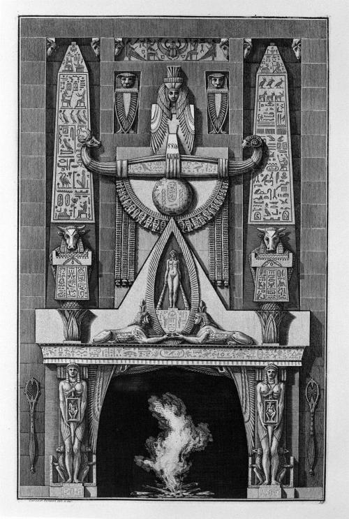 Egyptian-style fireplace, on the floor between two obelisks and a number of decorative elements, two