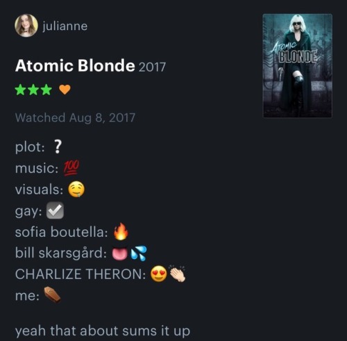chrisandfem:some of my favorite reviews of Atomic Blonde (2017) part 2 (part 1)