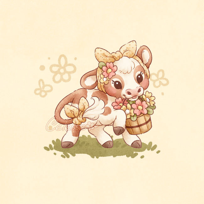 A watercolor-style drawing of a baby cream and brown spotted cow holding a bucket of wildflowers in their mouth and trotting on a patch of grass