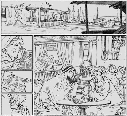 From DELILAH DIRK AND THE THIRD PILLAR OF HERCULES: passing the time in the port.In order: final art