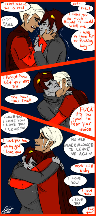 dreadcaptainwatson:  prospits this got… out of hand…the beta kids are released from the juju after like an eternity in there and dave finds karkat alive and i actually shed tears while drawing this i shit you not“intimate and kind of hurt/comfort