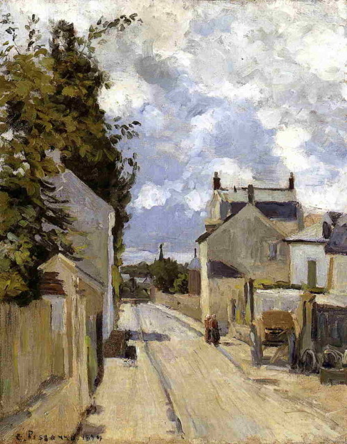 artist-pissarro:The street of Hermitage, Pontoise, 1874, Camille PissarroMedium: oil,canvasw
