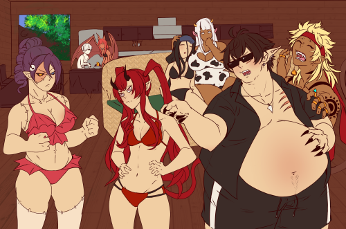 From a rp we’re doing, you get to see our babes in their swimming gear Fun fact Evan can’t swim and HATES water. Candi, Jane, Sam, Kamu and Evan belong to meKat the human belongs to BigBoyTemptressHibiki the bat girl belongs to marriotte43Bineroo the one with stitches belongs to DeadAngelCat #weight gain#weightgain#Fatbelly#fat